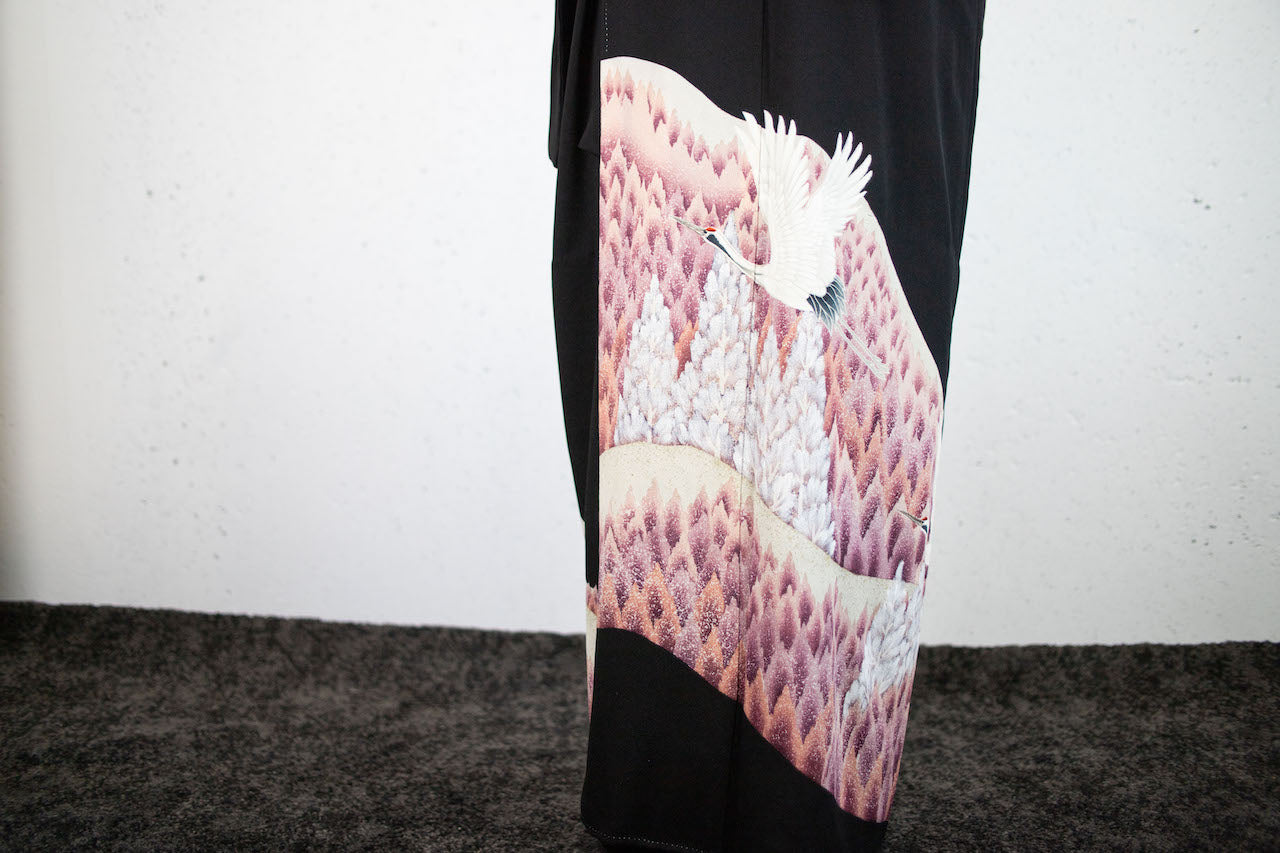 Kimono Tomesode coat / crane pattern on purple ground