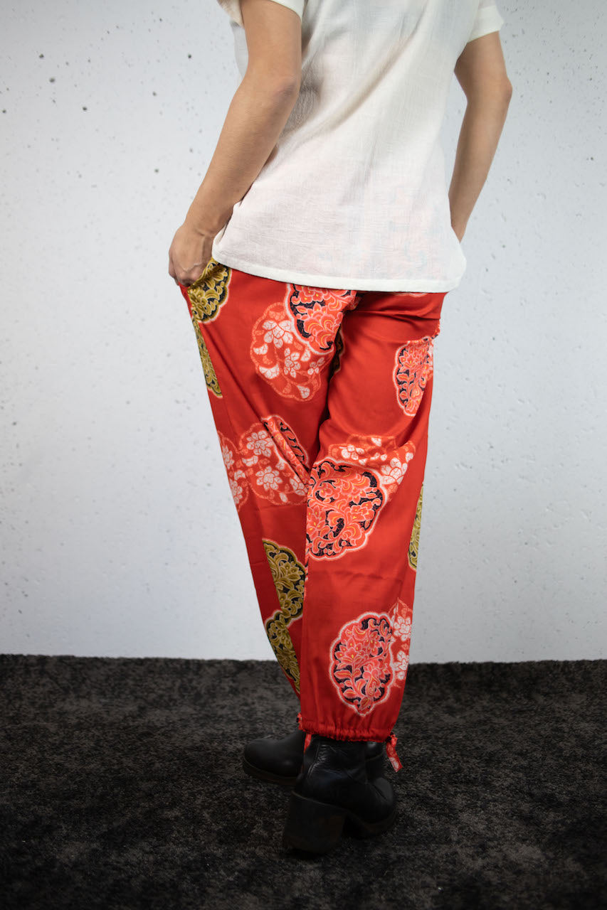 Momp trousers with tied hems made from muslin weave kimono.