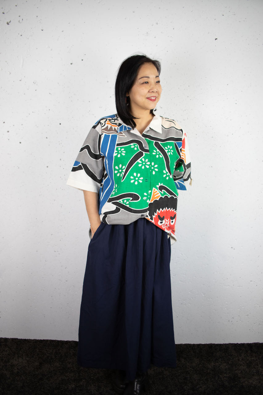 Unusual shirt made of warrior nobori cloth with a Shoki-sama design.