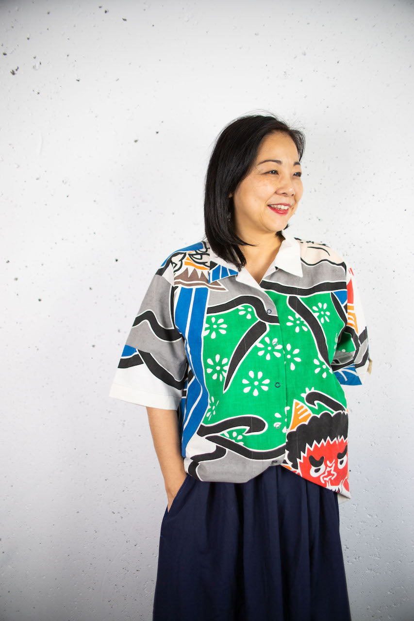 Unusual shirt made of warrior nobori cloth with a Shoki-sama design.