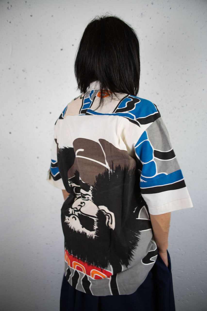 Unusual shirt made of warrior nobori cloth with a Shoki-sama design.