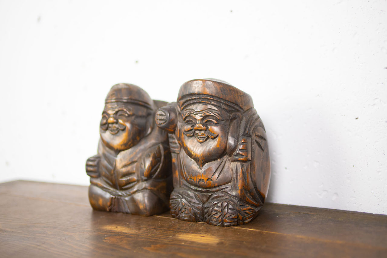 Very rare and lovely hand-carved figurines of Daikoku and Ebisu.