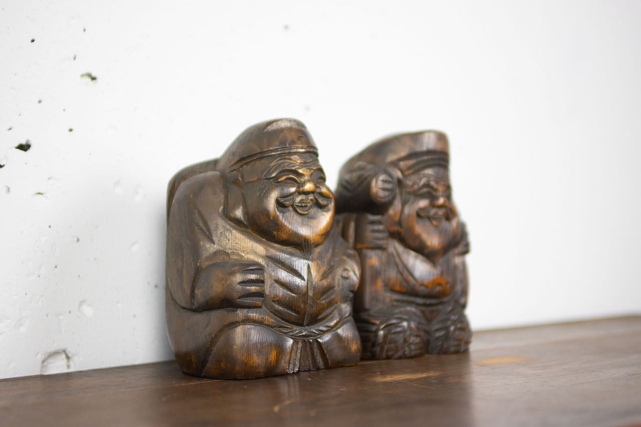 Very rare and lovely hand-carved figurines of Daikoku and Ebisu.