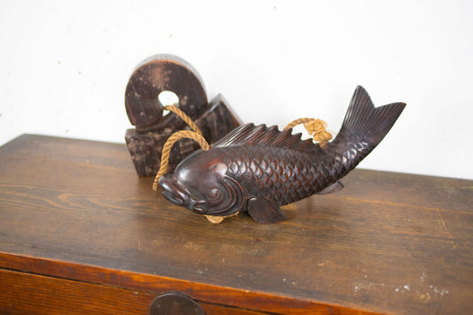 antique JIZAIKAGI with a pot-hook / Carved wooden carp.