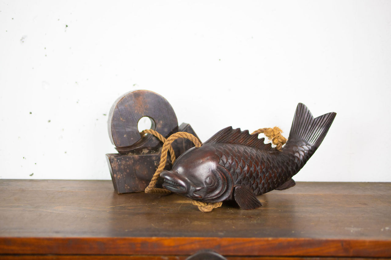 antique JIZAIKAGI with a pot-hook / Carved wooden carp.