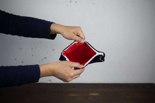 Upcycled Japanese Sake Apron Pouch – Handmade Indigo Zipper Bag with Red Lining | Yumiko Collection | 20cm x 14cm