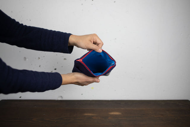 Handmade Pouch from Sake Brewer’s Apron with Aizu Sake Branding – Indigo Zipper Bag with Outer Pocket & Light Blue Lining | Yumiko Collection | 17cm x 23cm