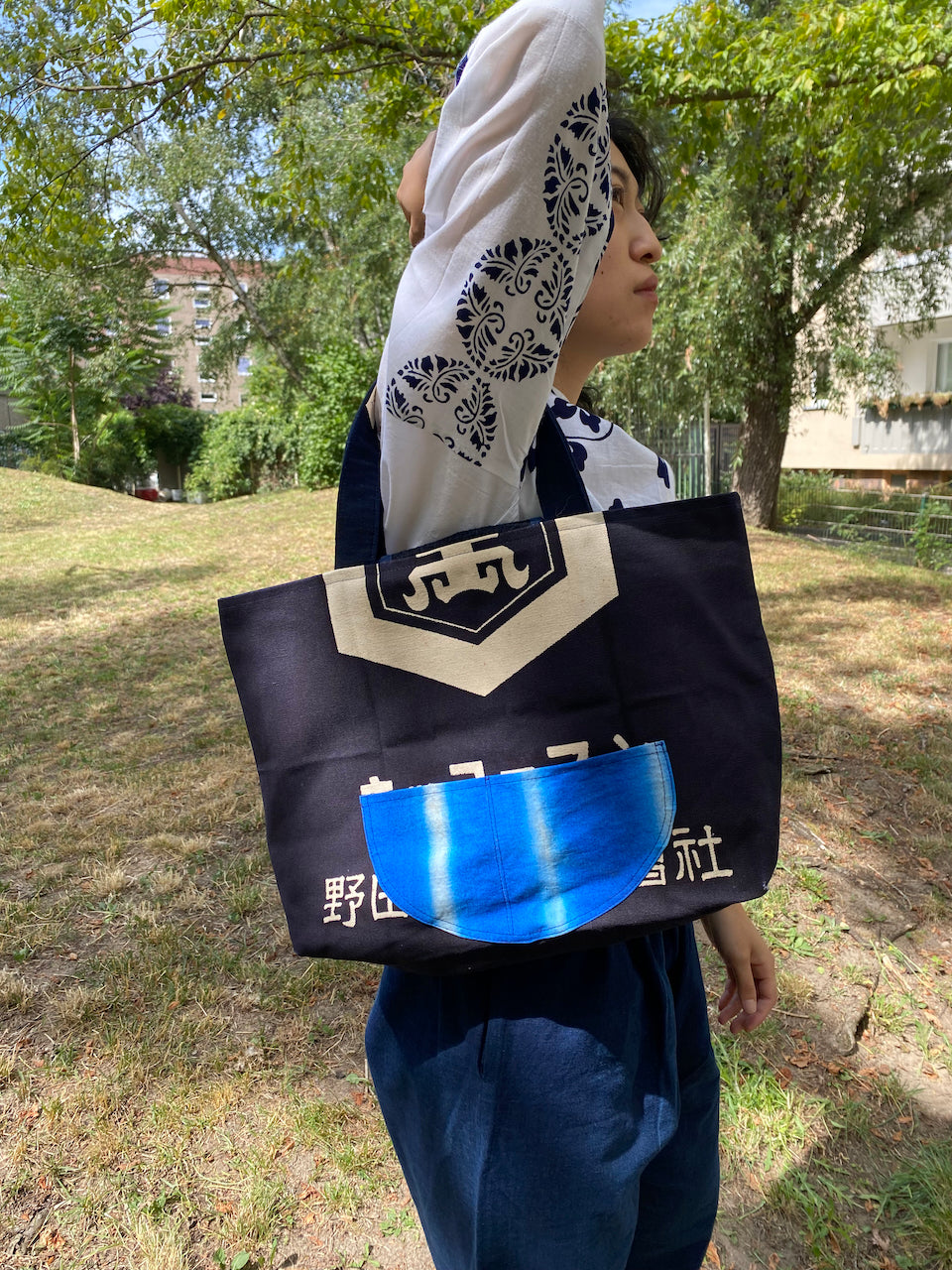 Vintage Japanese Indigo Tote Bag Featuring TENKAIPPIN (天下一品) Logo