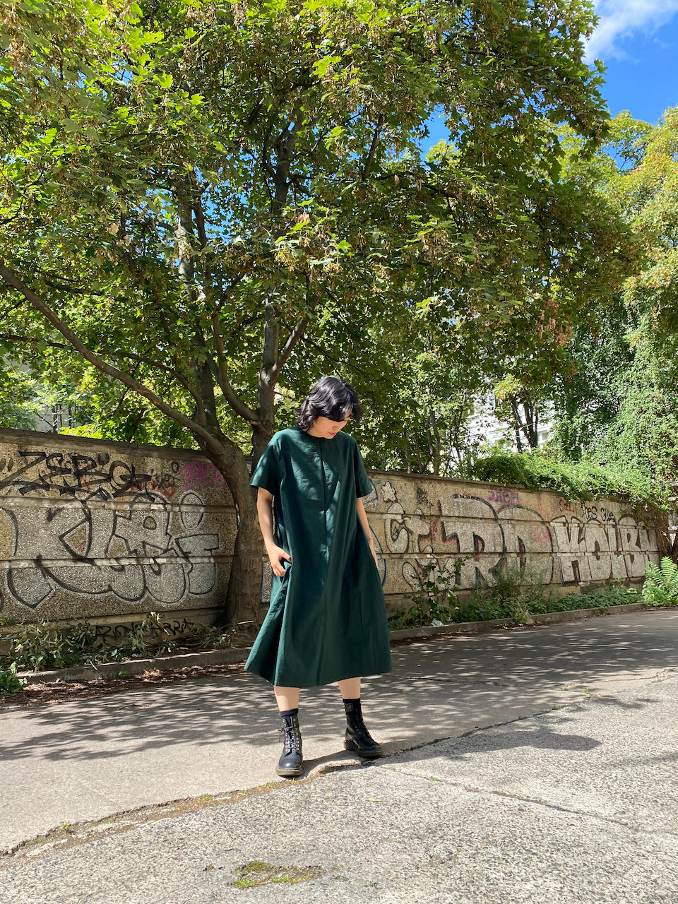 Timeless Elegance: Deep Green Cotton Furoshiki Dress