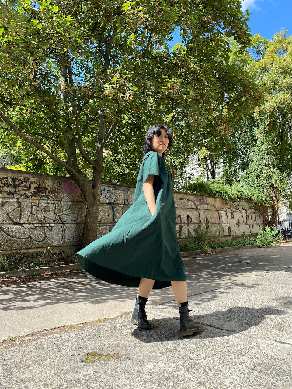 Timeless Elegance: Deep Green Cotton Furoshiki Dress