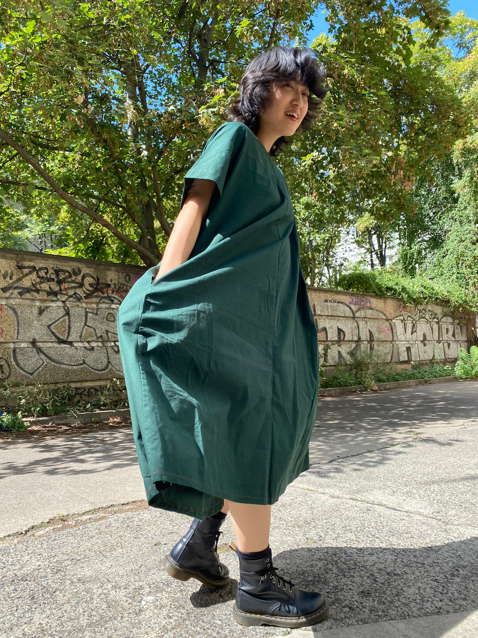 Timeless Elegance: Deep Green Cotton Furoshiki Dress