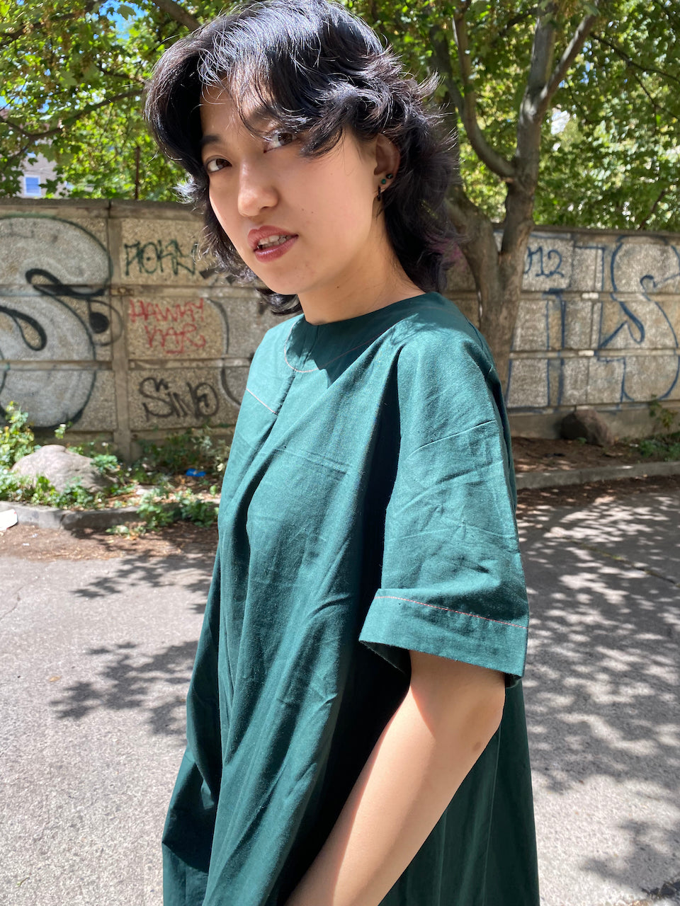 Timeless Elegance: Deep Green Cotton Furoshiki Dress