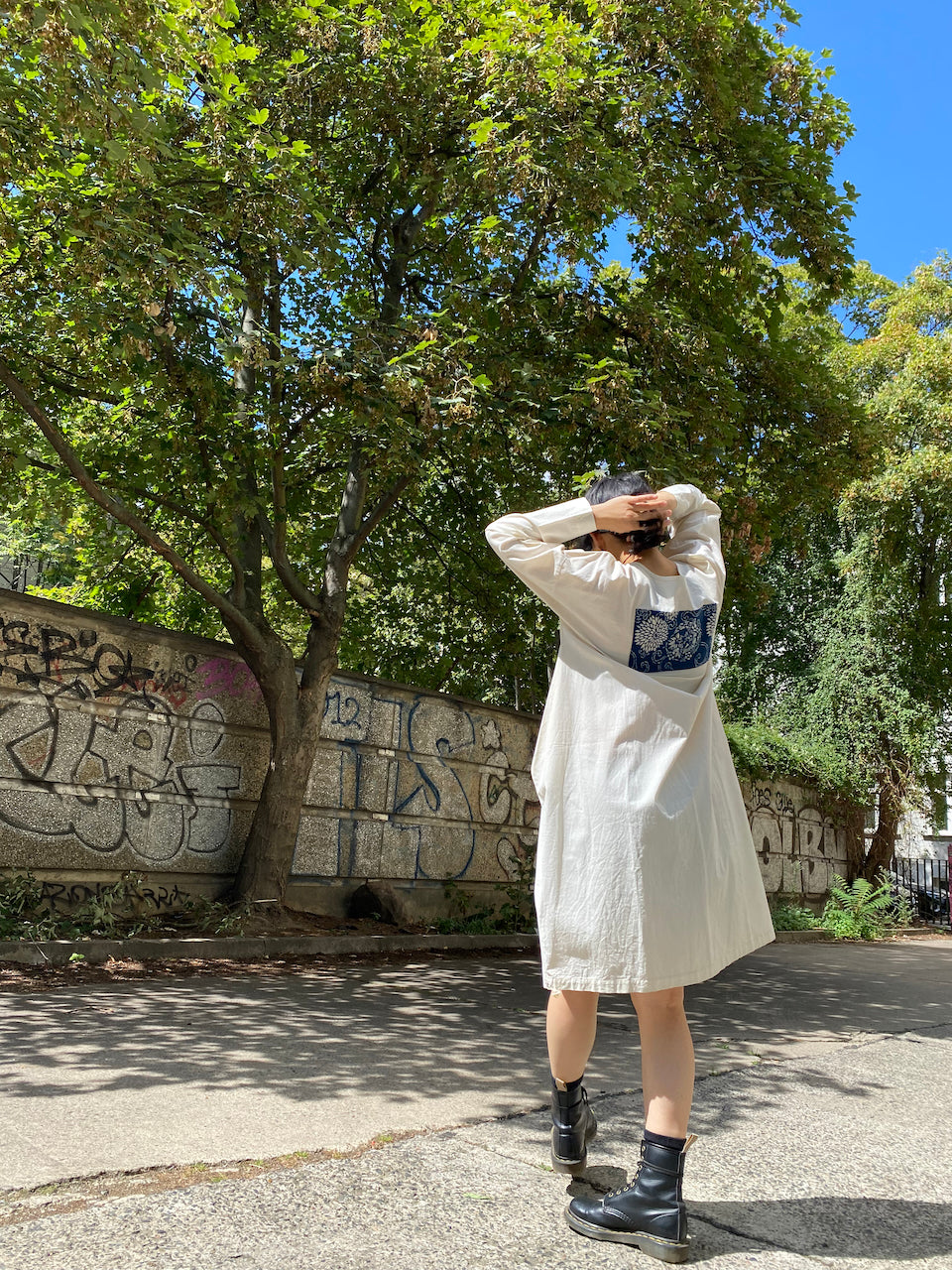 Timeless Elegance: White Cotton Dress with Indigo Detailing