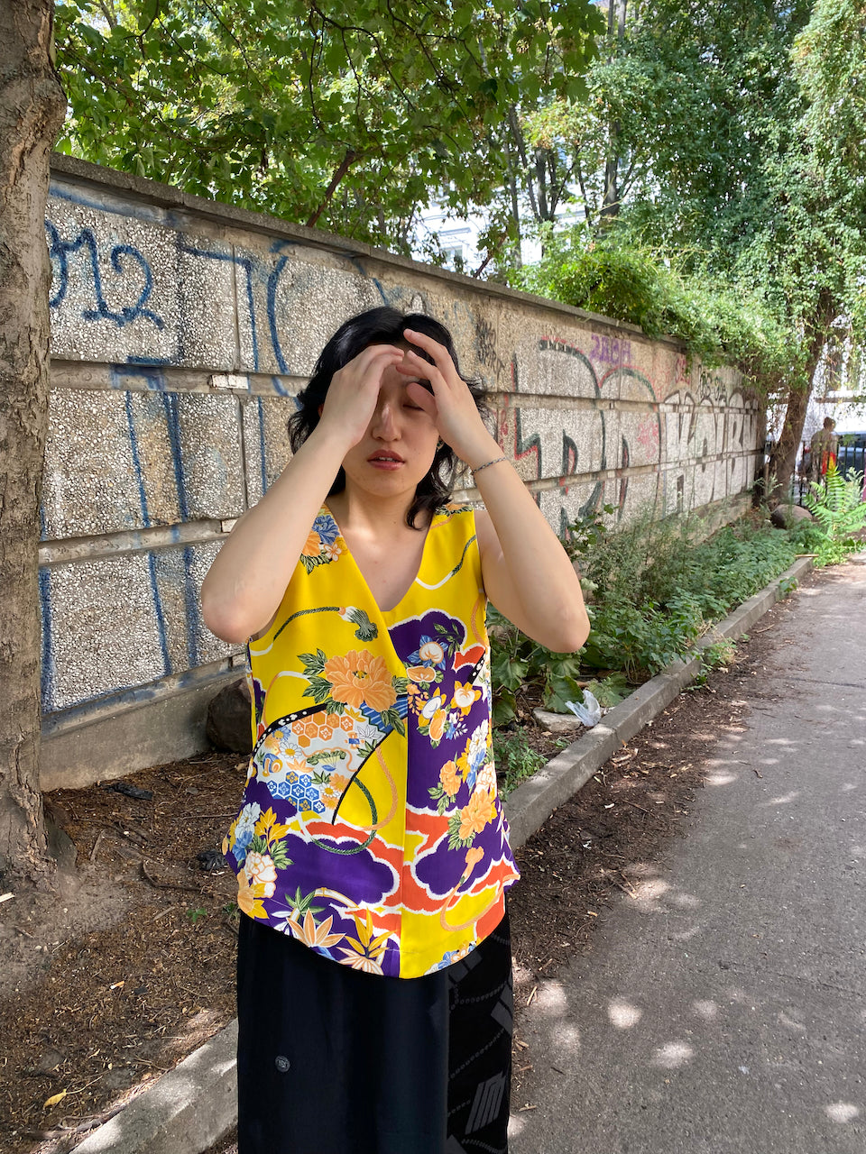 Tank tops made from silk yellow kimonos.