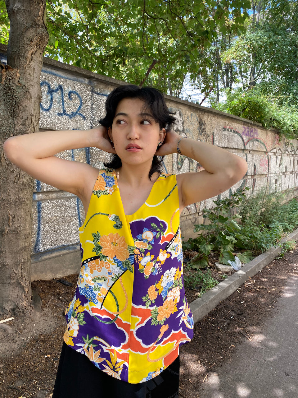 Tank tops made from silk yellow kimonos.