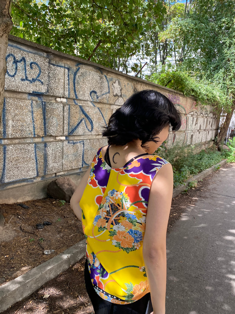 Tank tops made from silk yellow kimonos.
