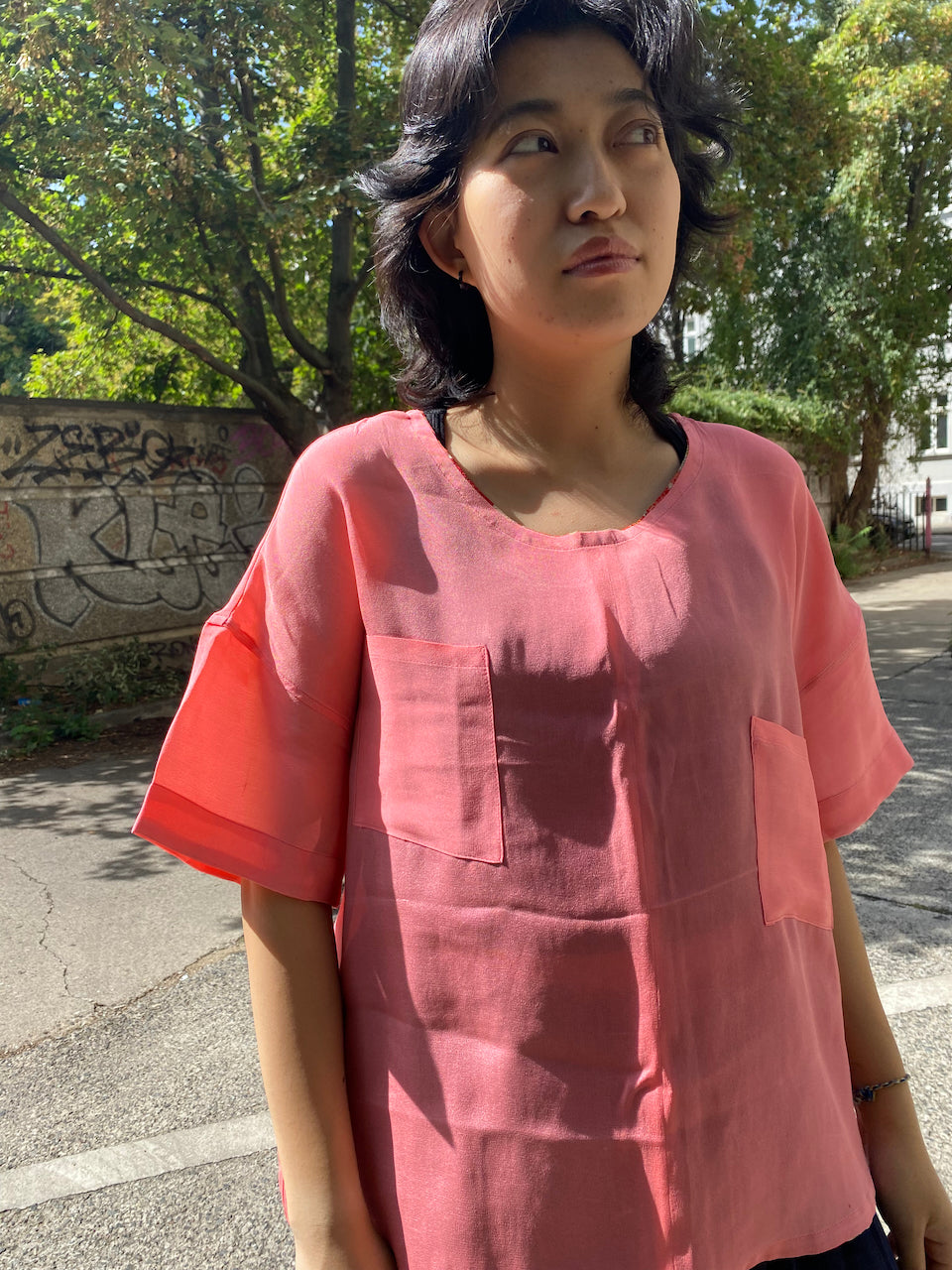 Sustainable Pink Shirt Crafted from Vintage Kimono Silk