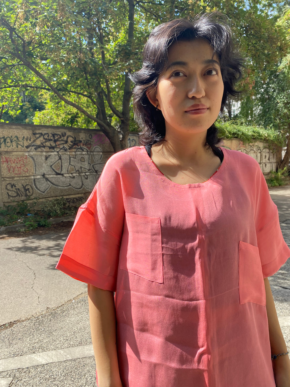 Sustainable Pink Shirt Crafted from Vintage Kimono Silk