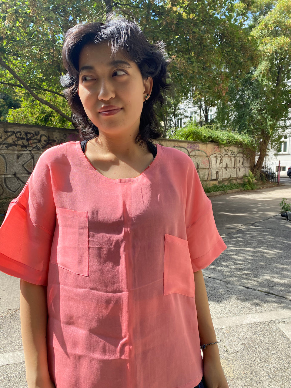 Sustainable Pink Shirt Crafted from Vintage Kimono Silk