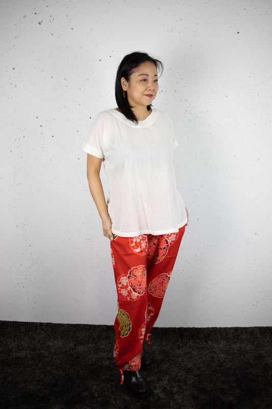 Momp trousers with tied hems made from muslin weave kimono.