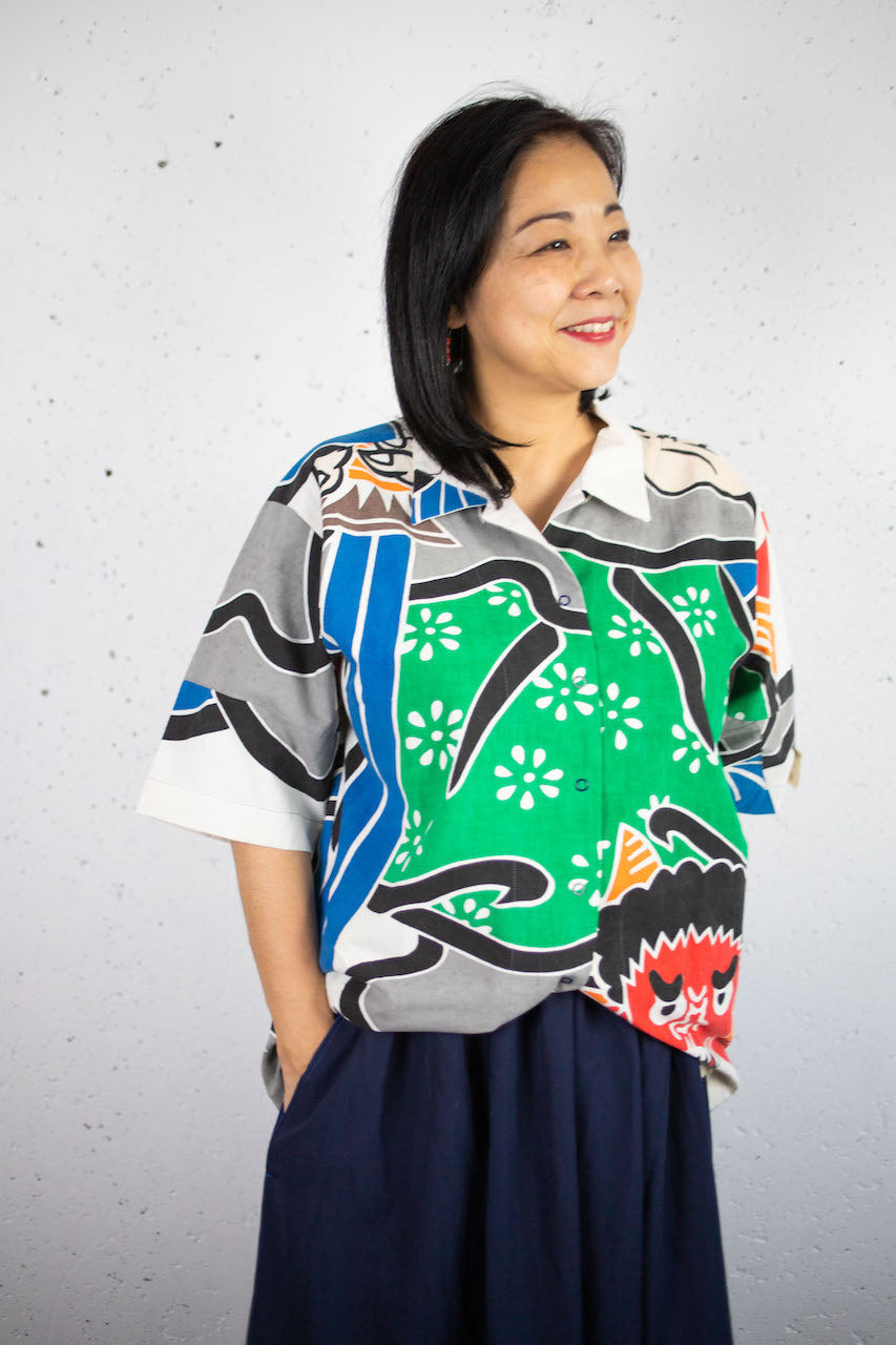 Unusual shirt made of warrior nobori cloth with a Shoki-sama design.