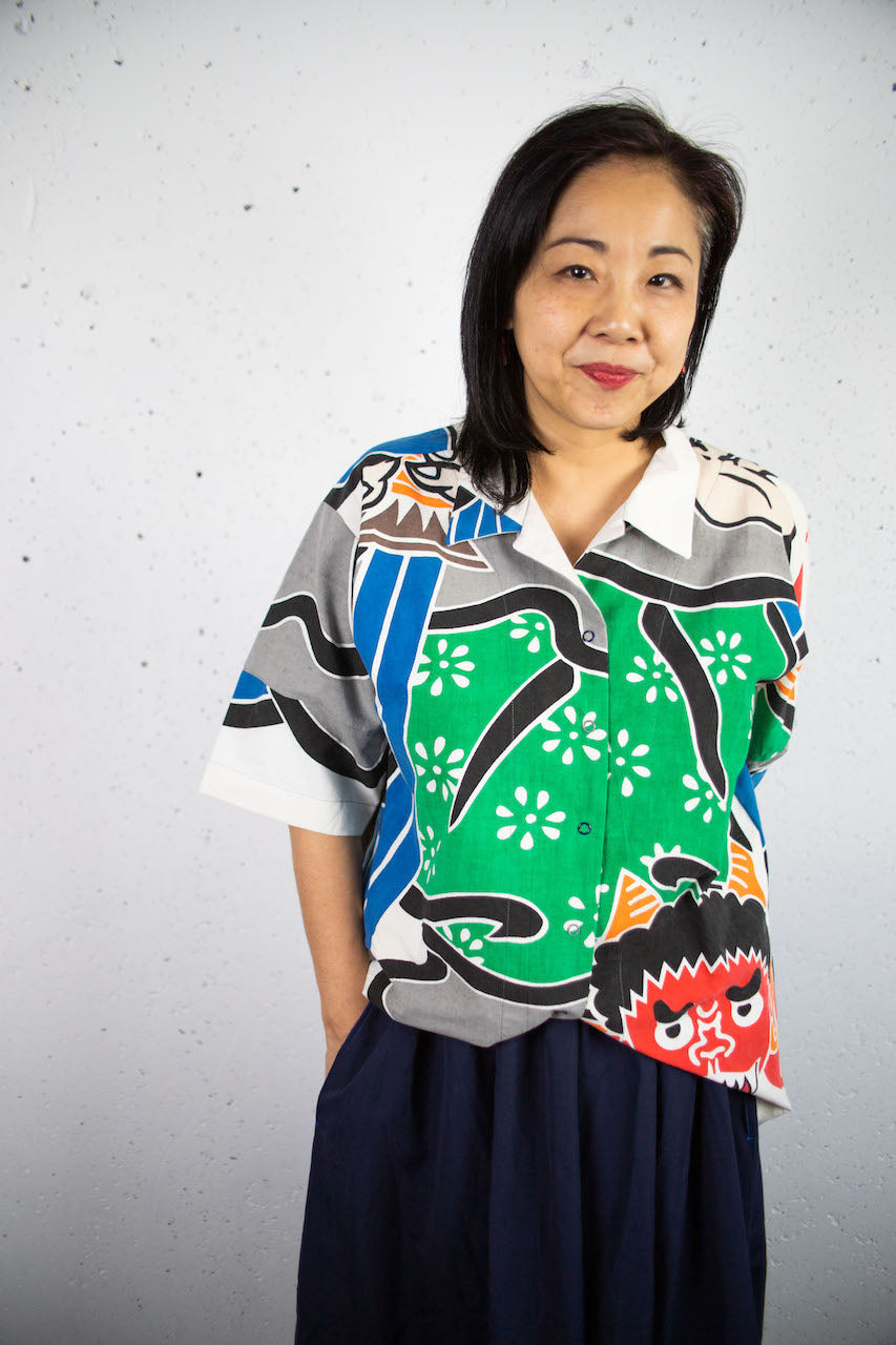 Unusual shirt made of warrior nobori cloth with a Shoki-sama design.