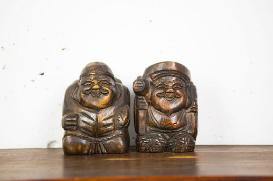 Very rare and lovely hand-carved figurines of Daikoku and Ebisu.