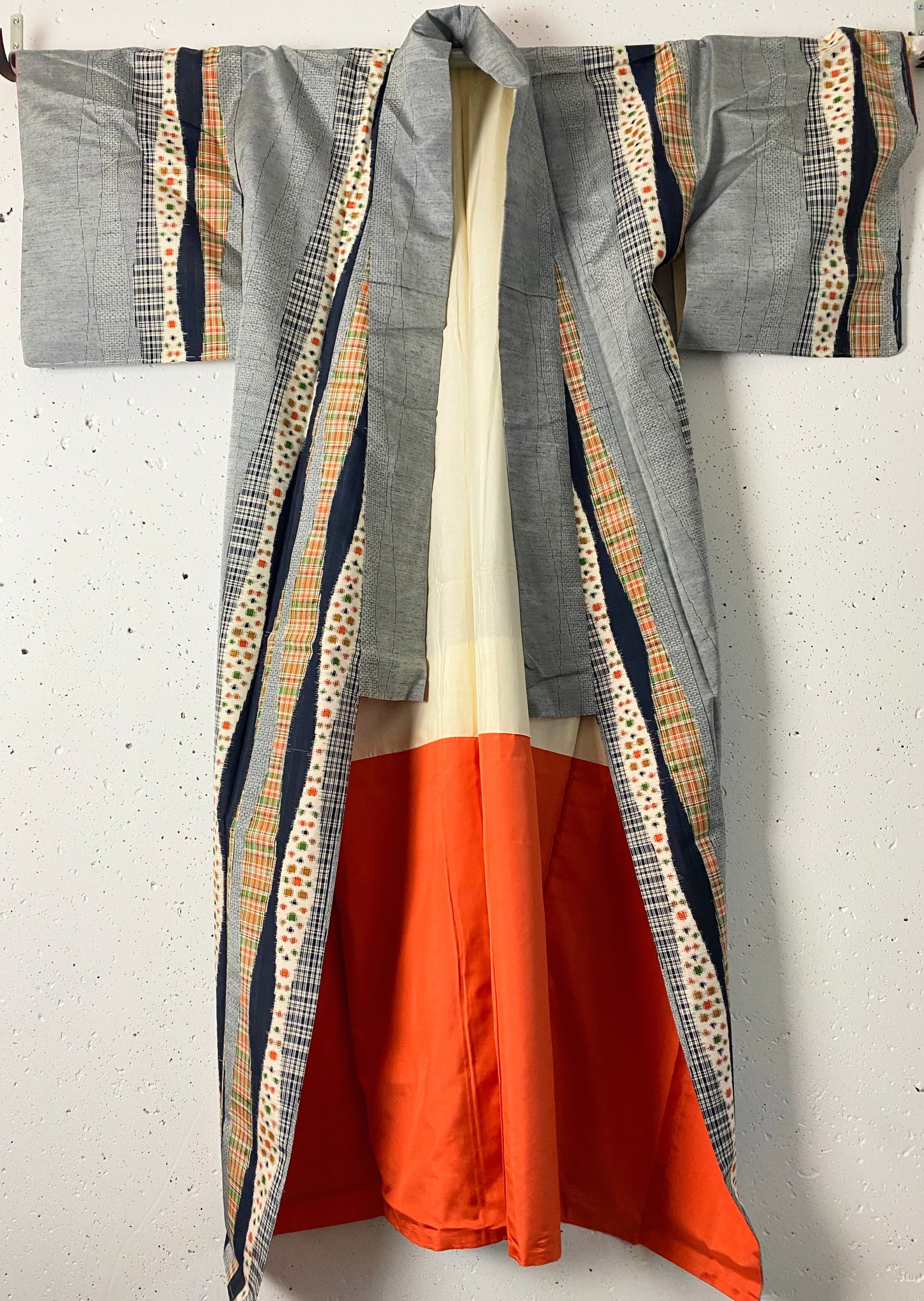 Quality Kimono/ Blue-grey vertical several types of pattern