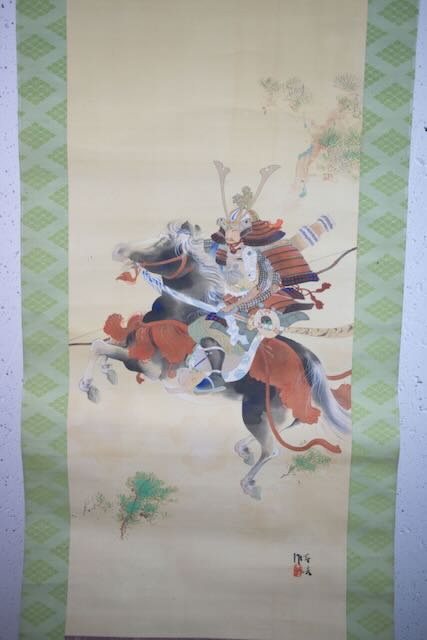 Valiant Samurai on Horseback – Hand-Painted Hanging Scroll on Silk (Taisho–Early Showa Era)