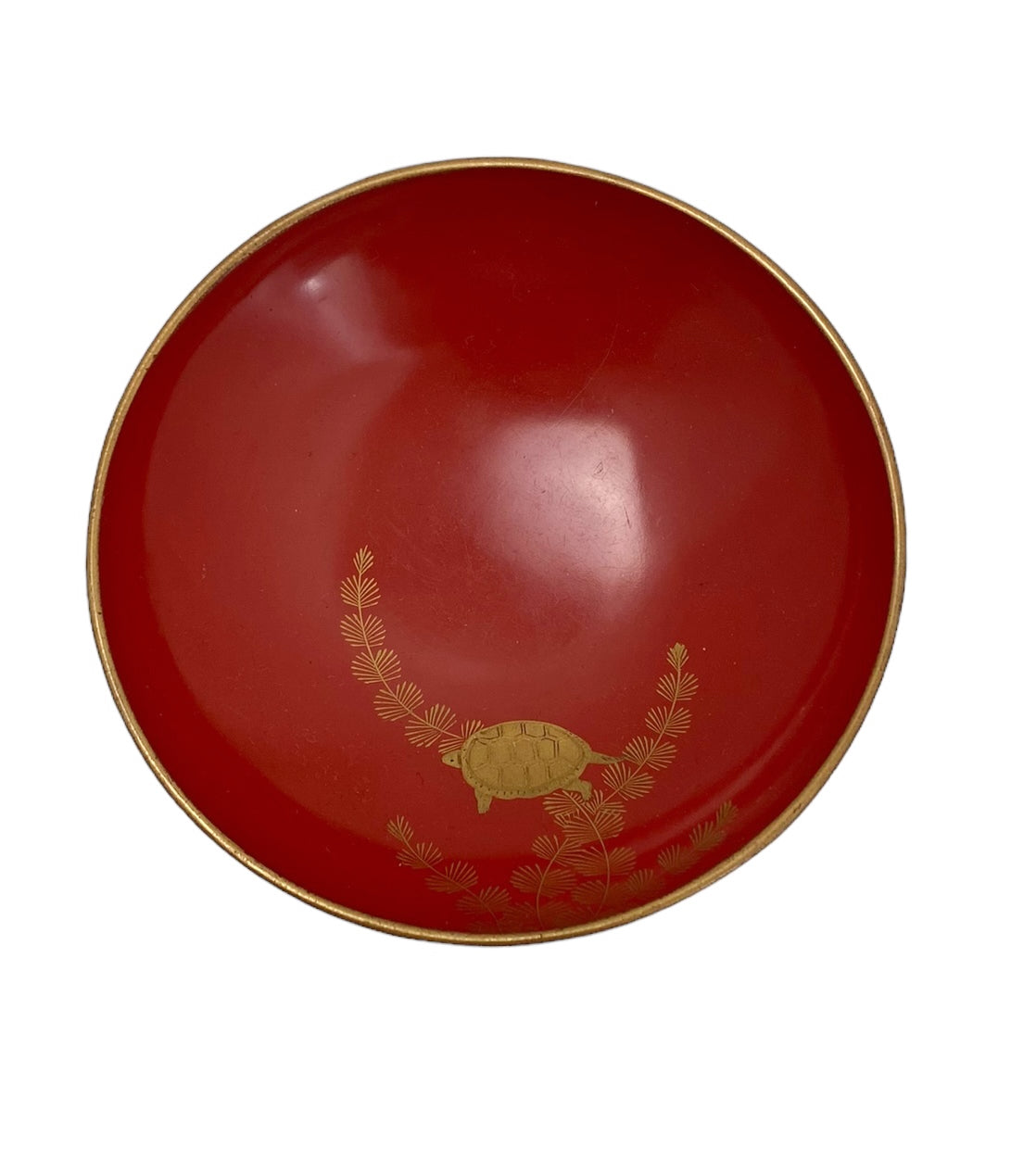 Antique lacquered bowl with lid depicting a happy turtle.