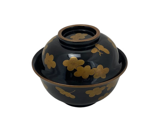 Elegant black lacquer ware bowl with plum design