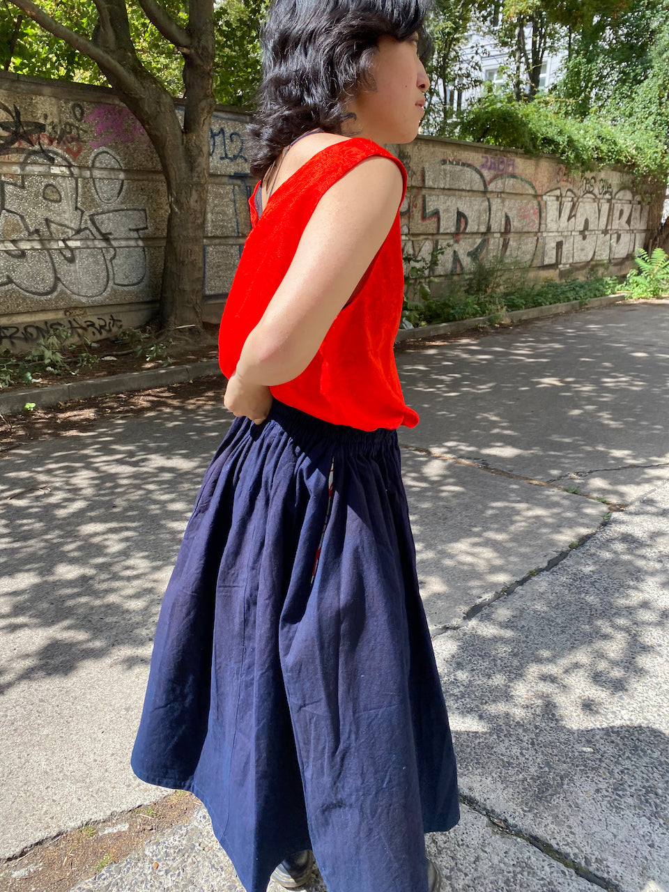 Skirt made of indigo-dyed HAKAMO from kendo wear.