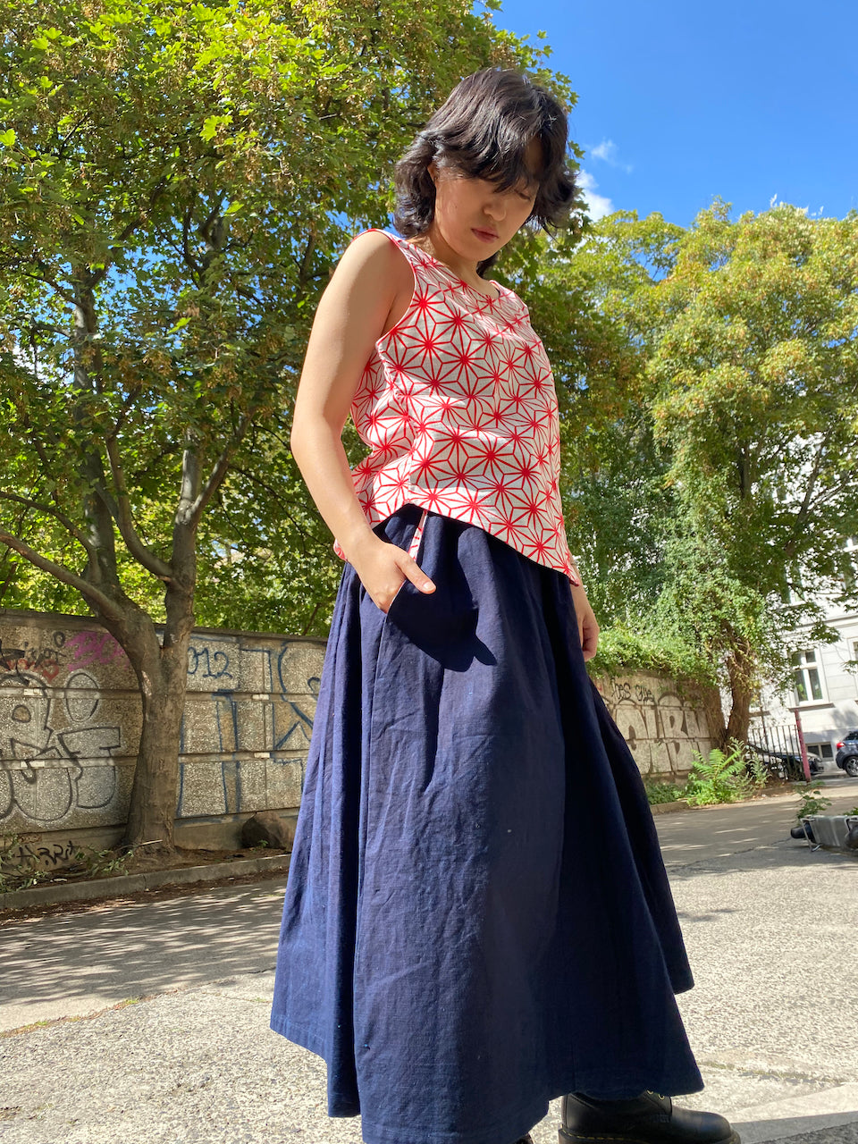 Skirt made of indigo-dyed HAKAMO from kendo wear.