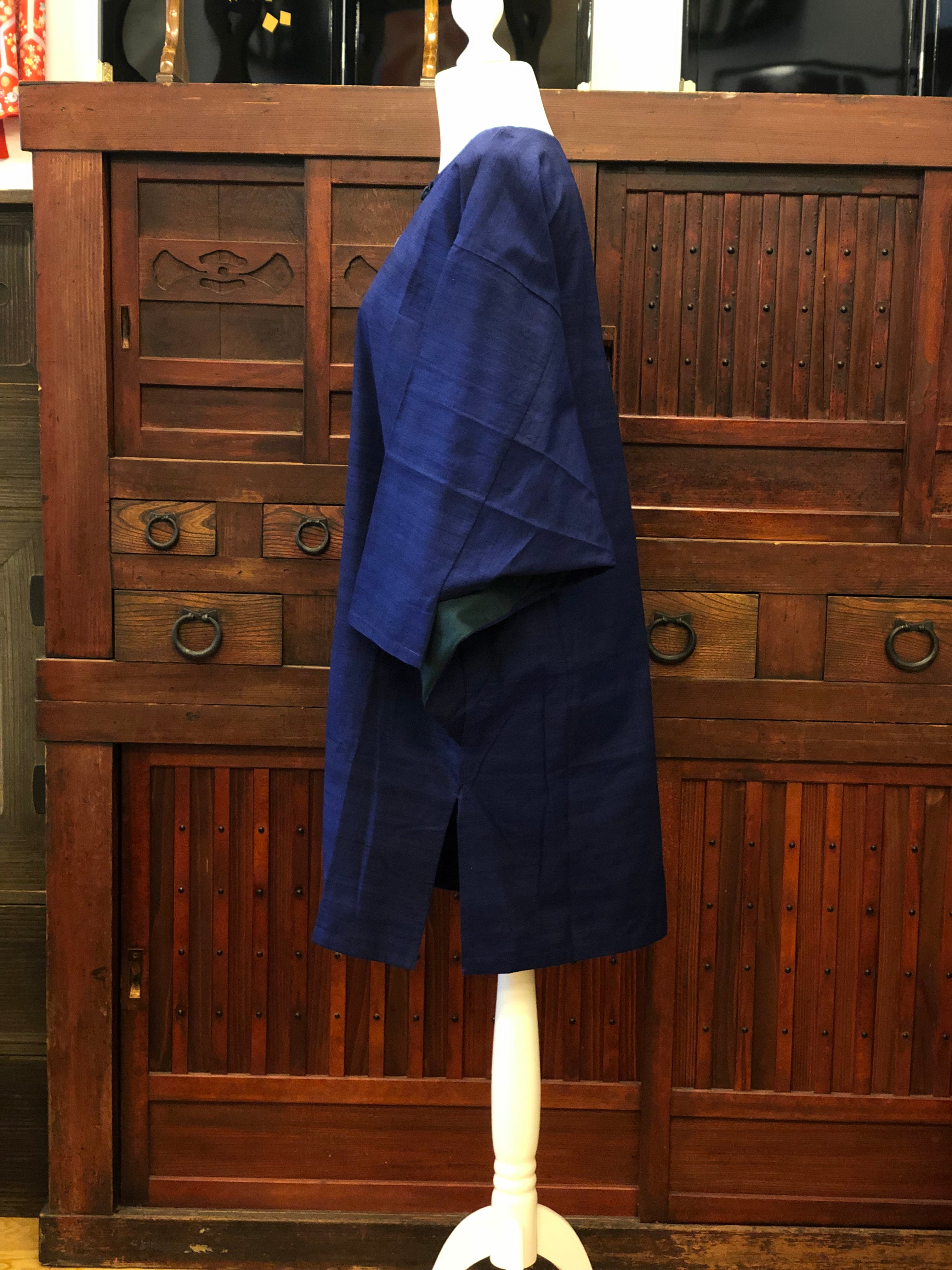 Silk kimono, navy blue and green dress