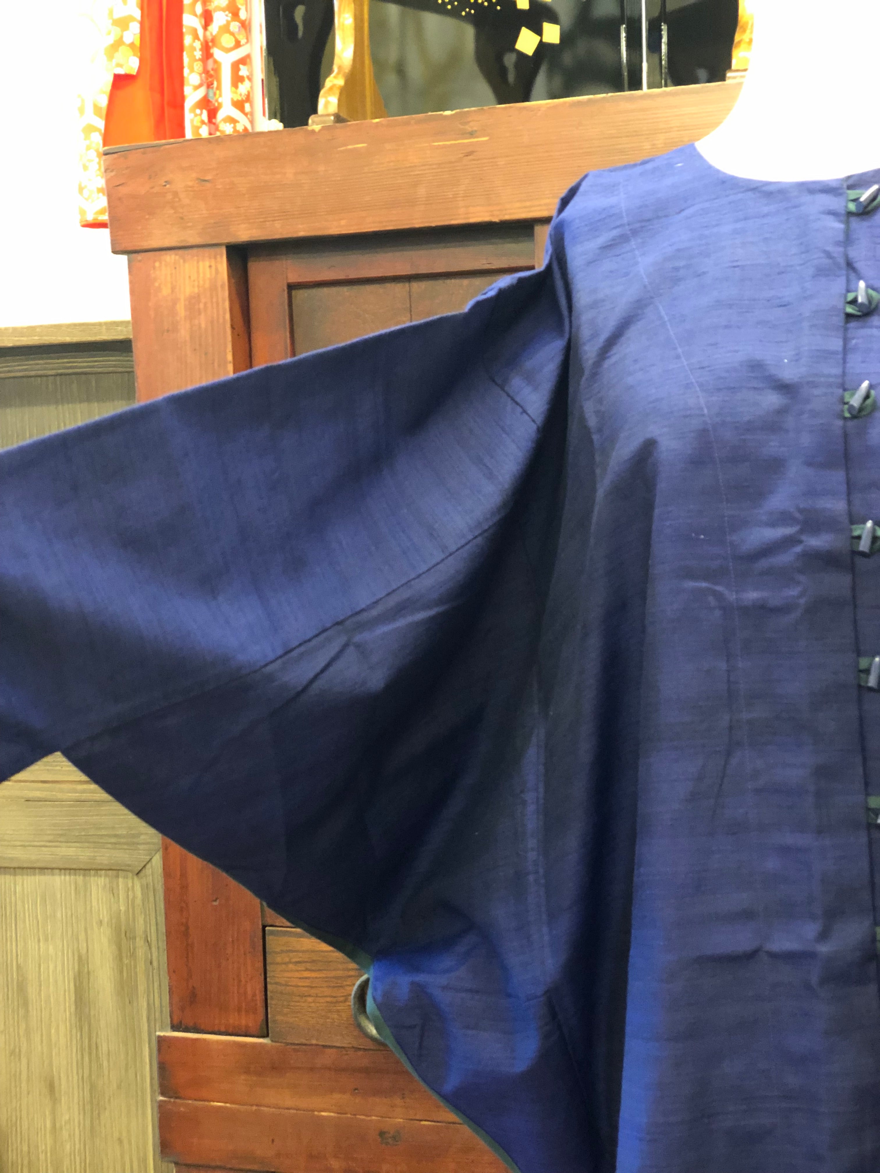 Silk kimono, navy blue and green dress