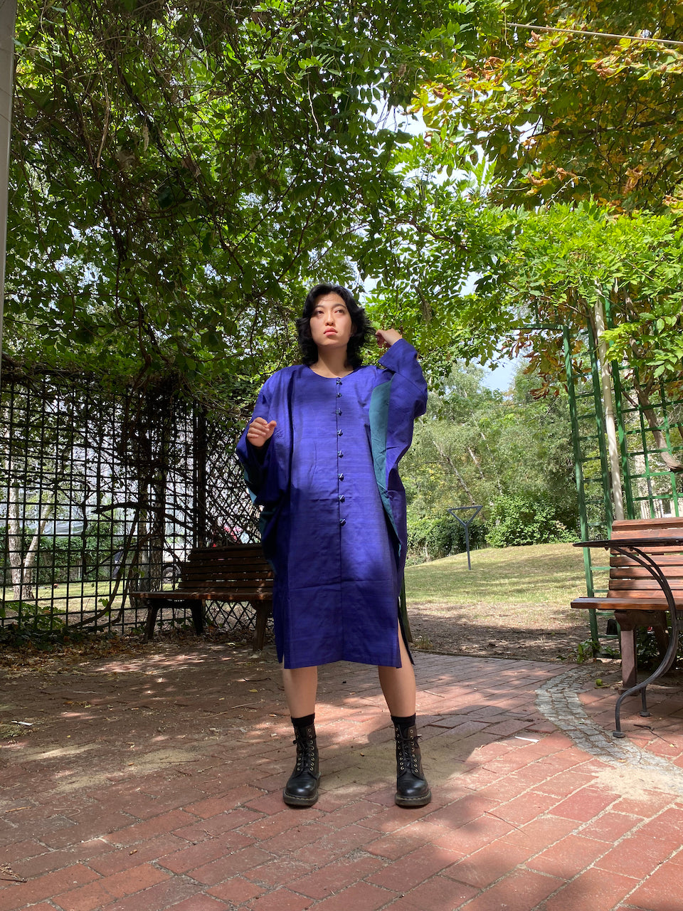 Silk kimono, navy blue and green dress