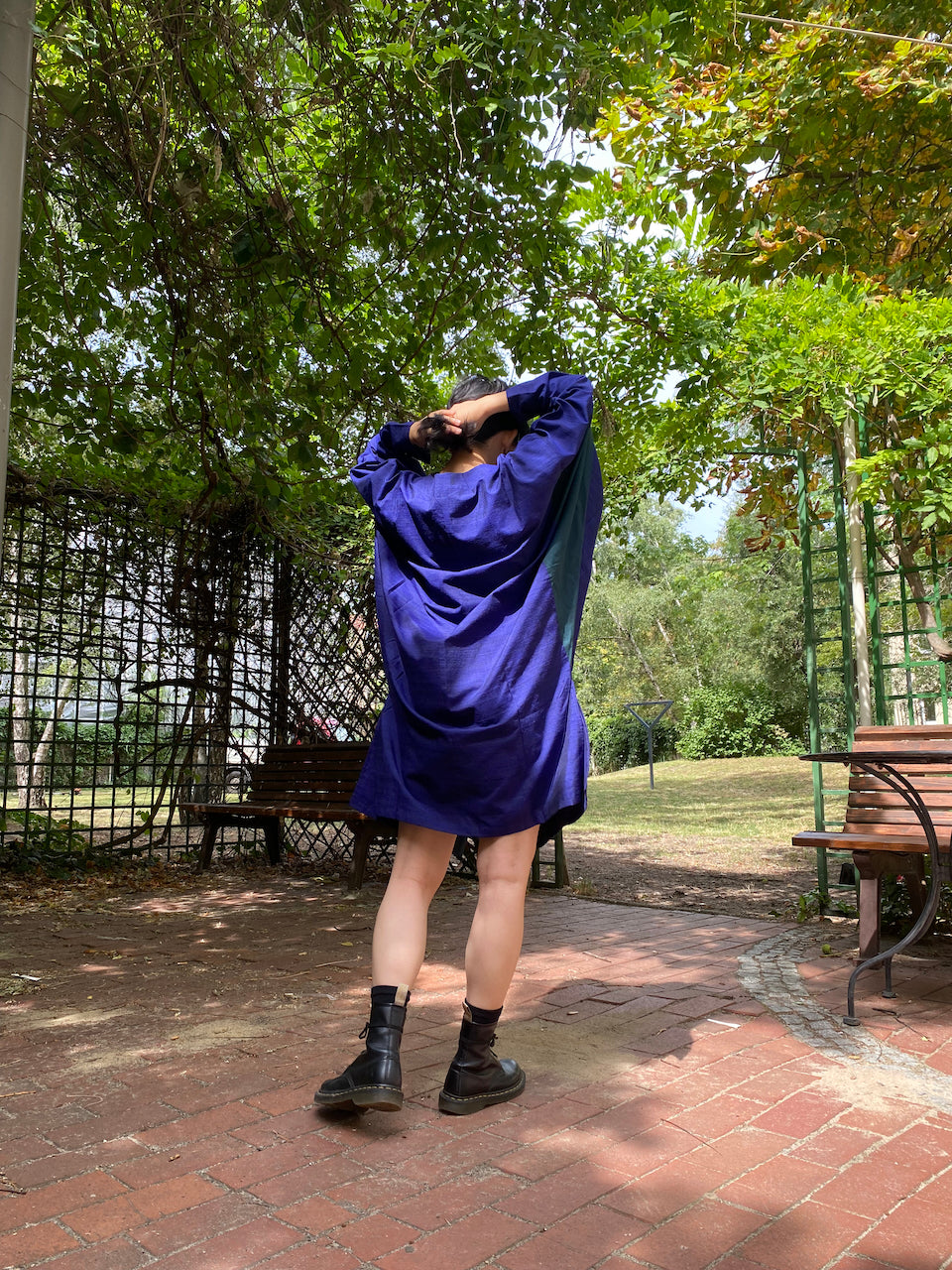 Silk kimono, navy blue and green dress